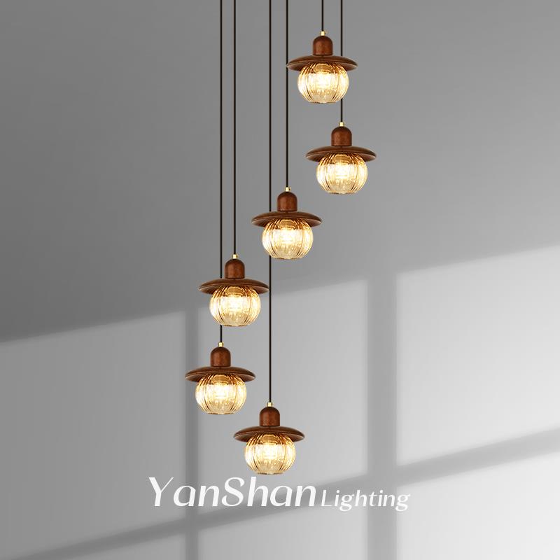 宋代美学楼梯吊灯南瓜玻璃实木挑空覆式别墅旋转跃层中空客厅大灯