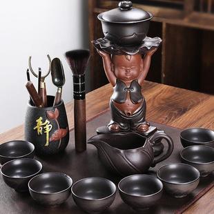 粗陶新款 家用客厅功夫茶具茶杯茶壶泡茶神器 窑变中式 童子自动套装