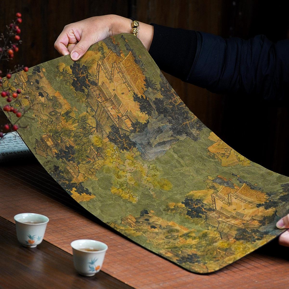 欣蚕居老料香云纱大尺寸山水茶席新中式复古家用高档茶桌垫65cm宽