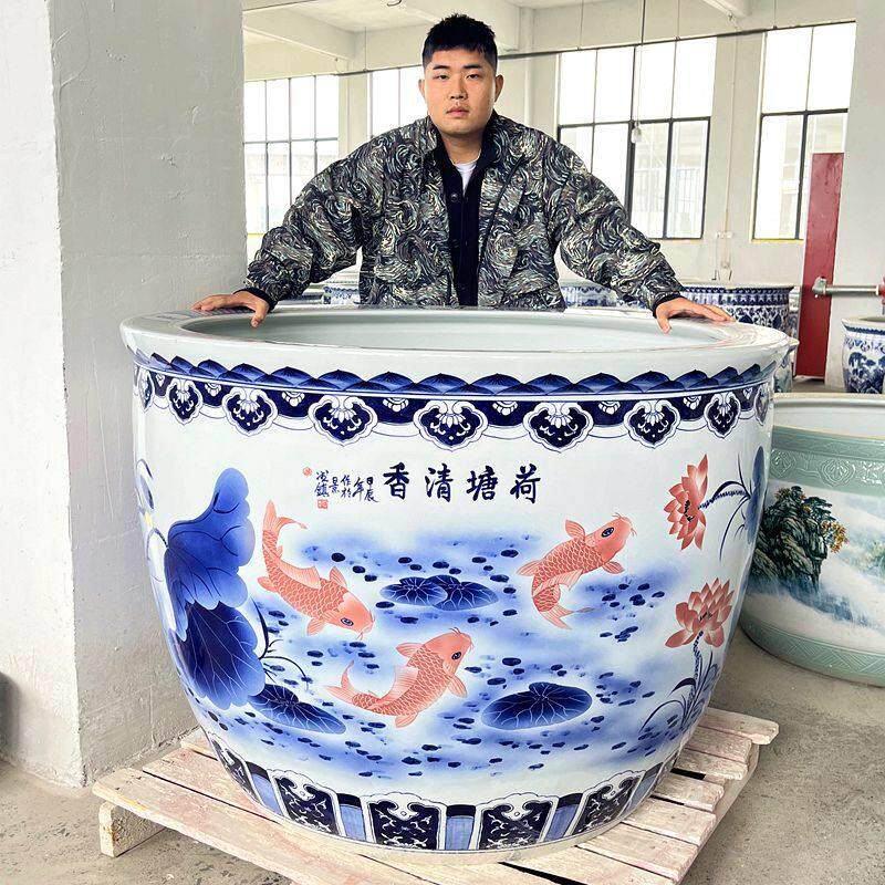 景德镇陶瓷大缸手绘青花庭院别墅室外阳台养鱼荷花睡莲大型摆件缸