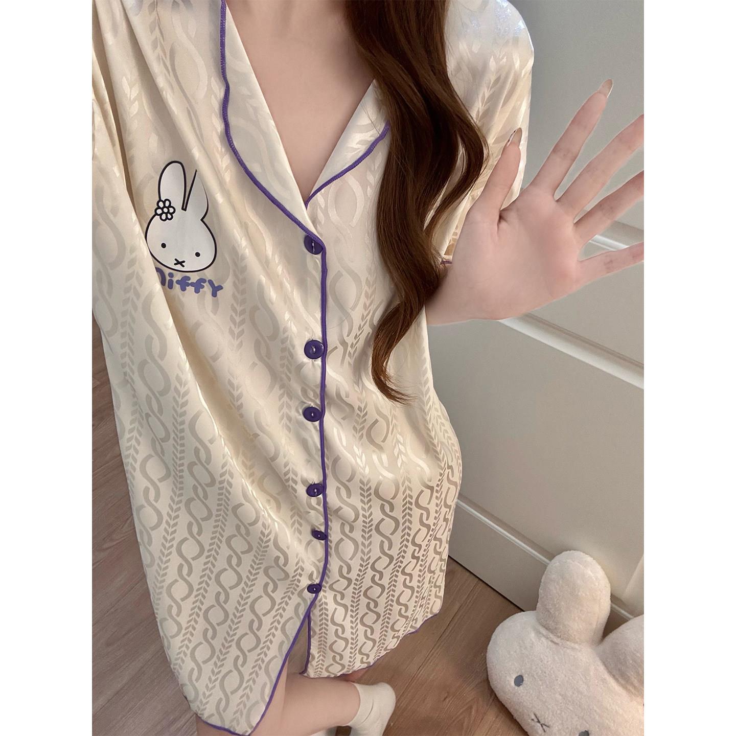 睡裙女凉感冰丝兔子夏季新款高级感丝绸缎面家居服短袖开衫睡衣裙