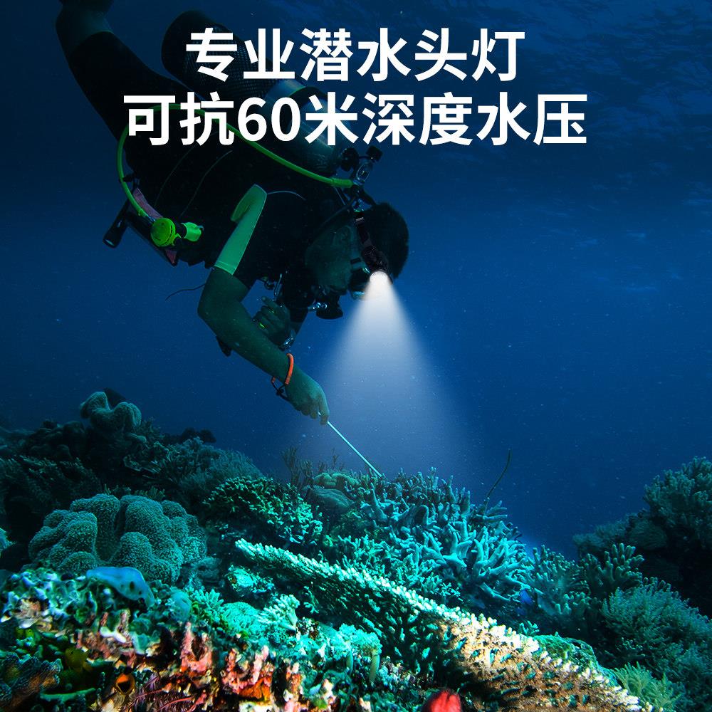 BORUIT潜水便捷头灯强光黄白光防水充电超亮超长续航头戴赶海下水