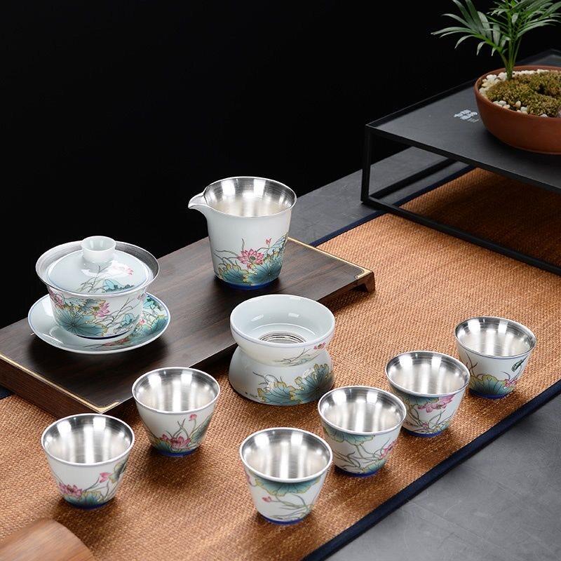 鎏银茶具功夫茶具套装喝茶家用办公中式纯银99泡茶器陶瓷整套礼盒