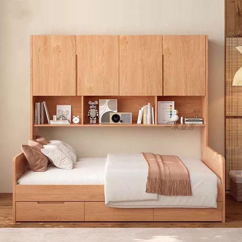 北欧全实木床柜一体儿童床橡木小户型日式简约组合储物榻榻米定制
