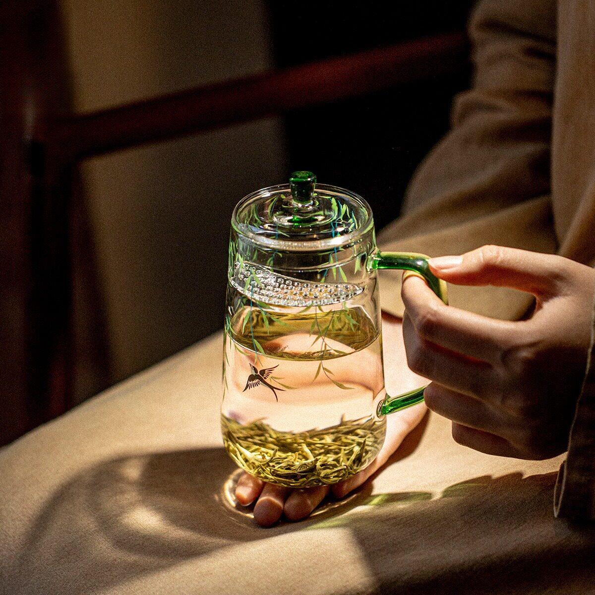 喝绿茶专用玻璃杯耐高温玻璃茶杯泡茶杯办公室水杯带盖家用喝茶杯