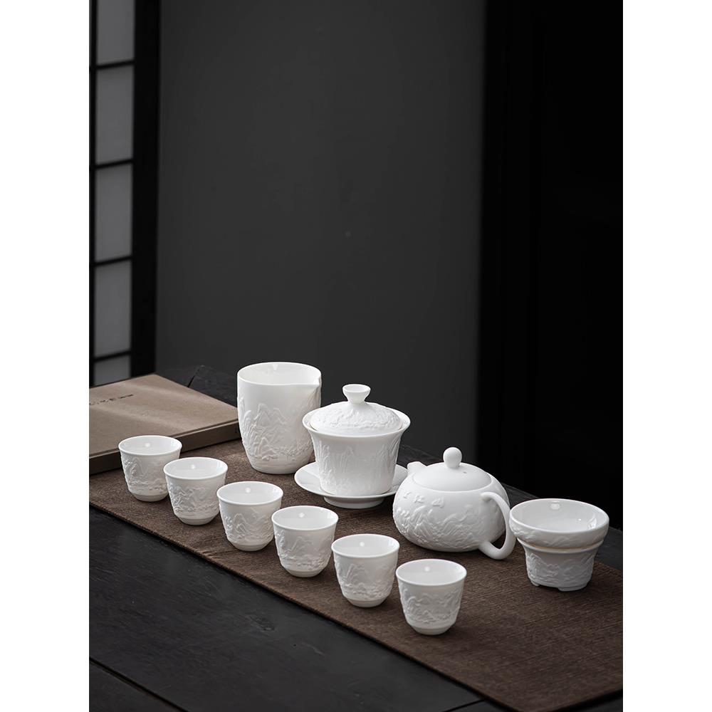德化羊脂玉瓷千里江山功夫茶具礼品浮雕中国三彩盖碗壶茶杯
