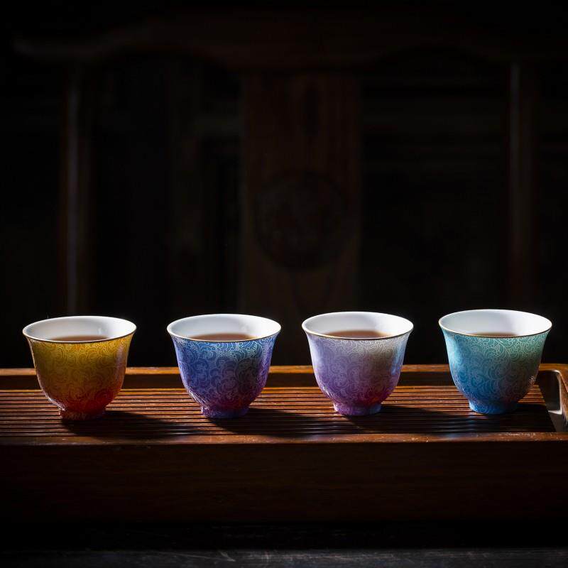 扎道青花粉彩扒花茶杯手工花鸟品茗单杯景德镇陶瓷功夫主个人杯