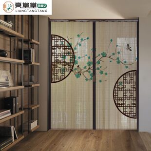 折叠移门隔断简易饭店 印花竹帘推拉门帘卷帘家用屏风厨房中日式
