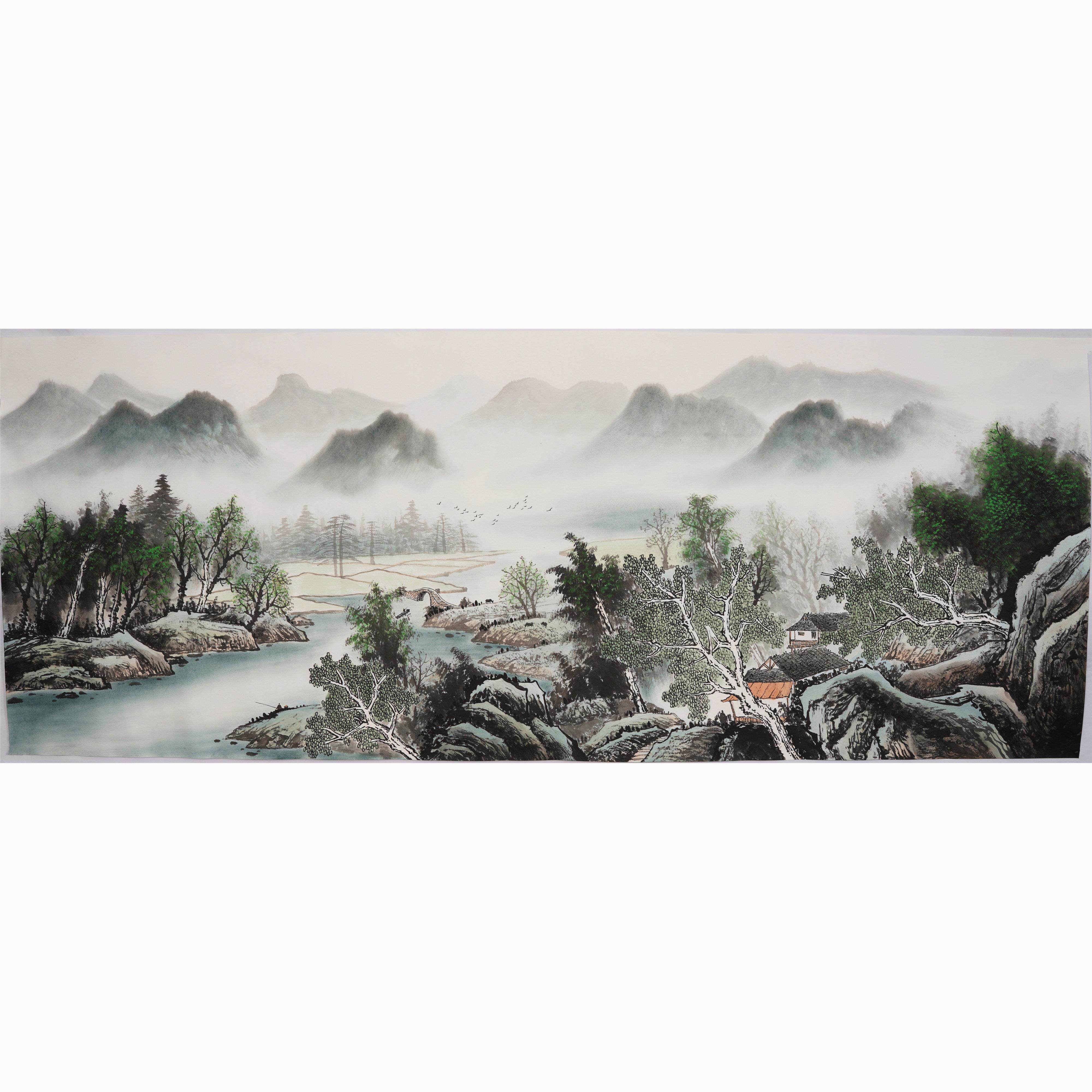 小型199.8cm浅色山水画中国客厅装饰画纯手绘中国画宣纸书画无风