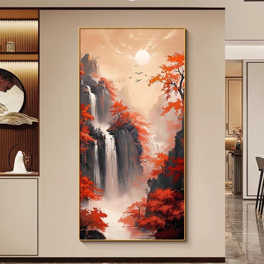 中式山水瀑布装饰画玄关挂画带灯晶瓷画有框金箔画芯