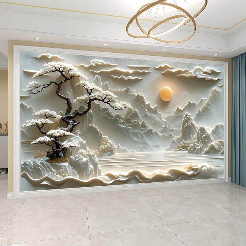 8D超立体浮雕壁纸新中式山水风景风水壁纸5d壁画客厅电视背景墙板