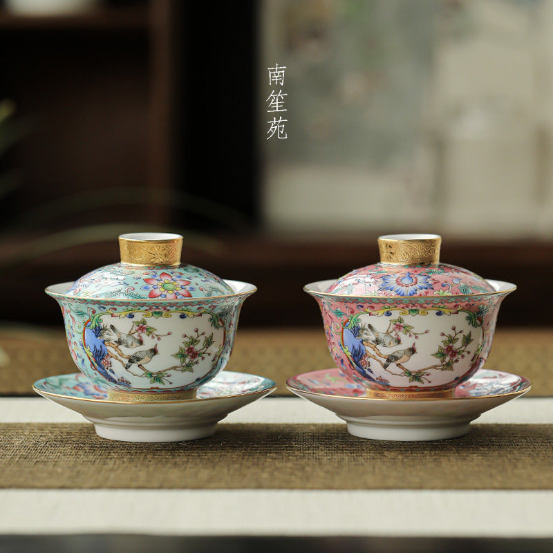 中式复古珐琅彩八宝茶三才盖碗单个家用功夫茶具普洱茶泡茶碗大号