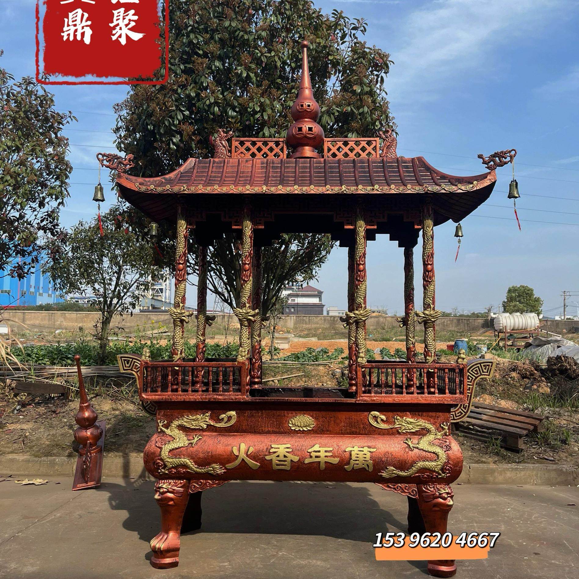 四龙柱铸铁香炉风景区室外寺庙道观纯铜宗祠堂带顶盖八龙柱大号香
