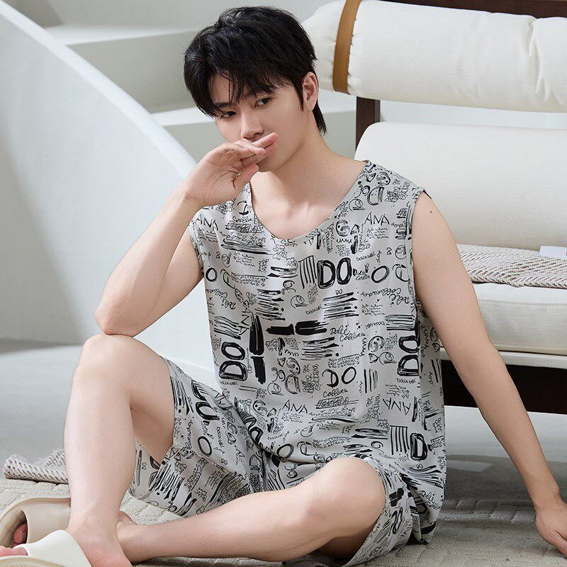 夏季男士棉绸睡衣套装绵绸家居服薄款韩版大码人造棉男款外穿睡衣