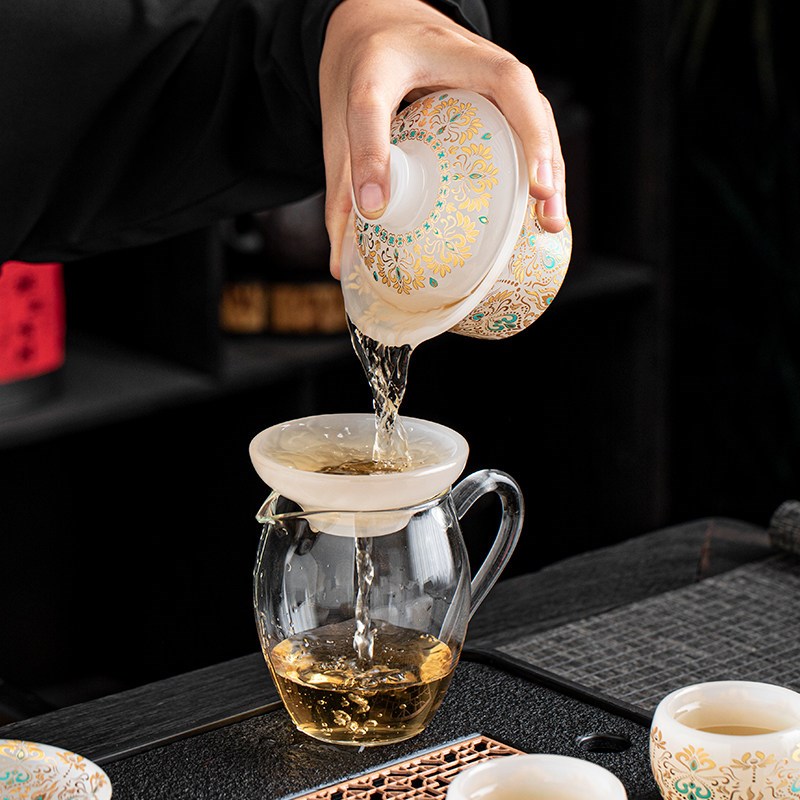 敦煌琉璃功夫茶具套装玉瓷泡茶盖碗茶杯公道杯整套功夫茶道礼盒装