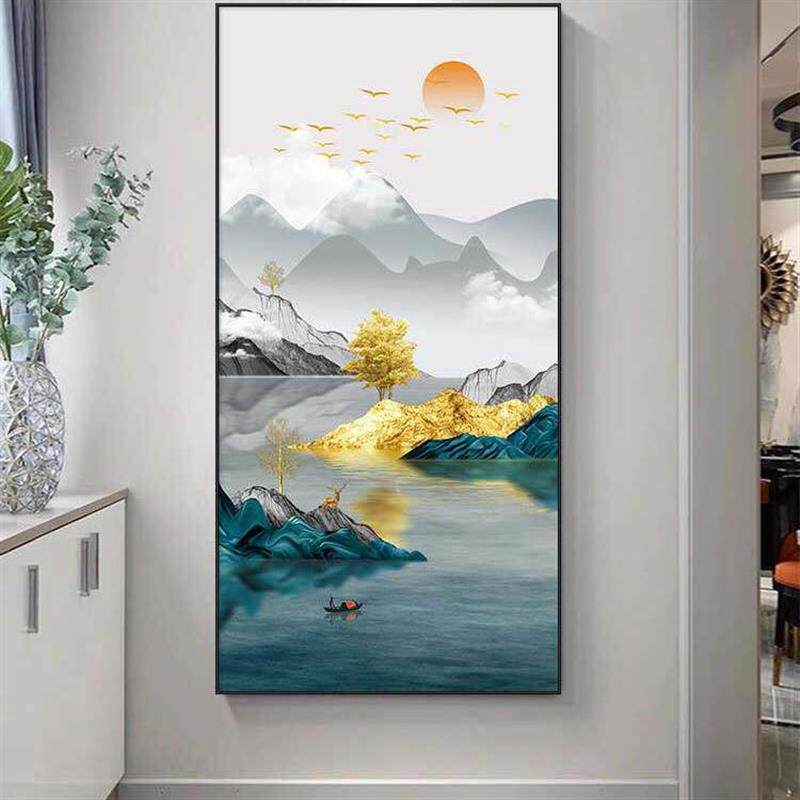 新中式玄关装饰画走廊过道进门高端山水画竖版挂画东墙装饰画壁画
