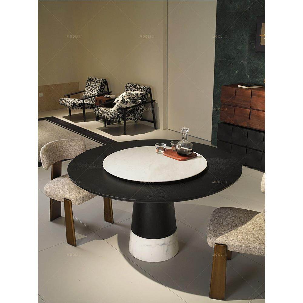 莫里生活丨中古风天然大理石餐桌椅组合胡桃实木色圆桌家用带转盘,住宅家具,大理石餐桌,淘宝优惠券,粉丝福利购,淘宝优惠卷