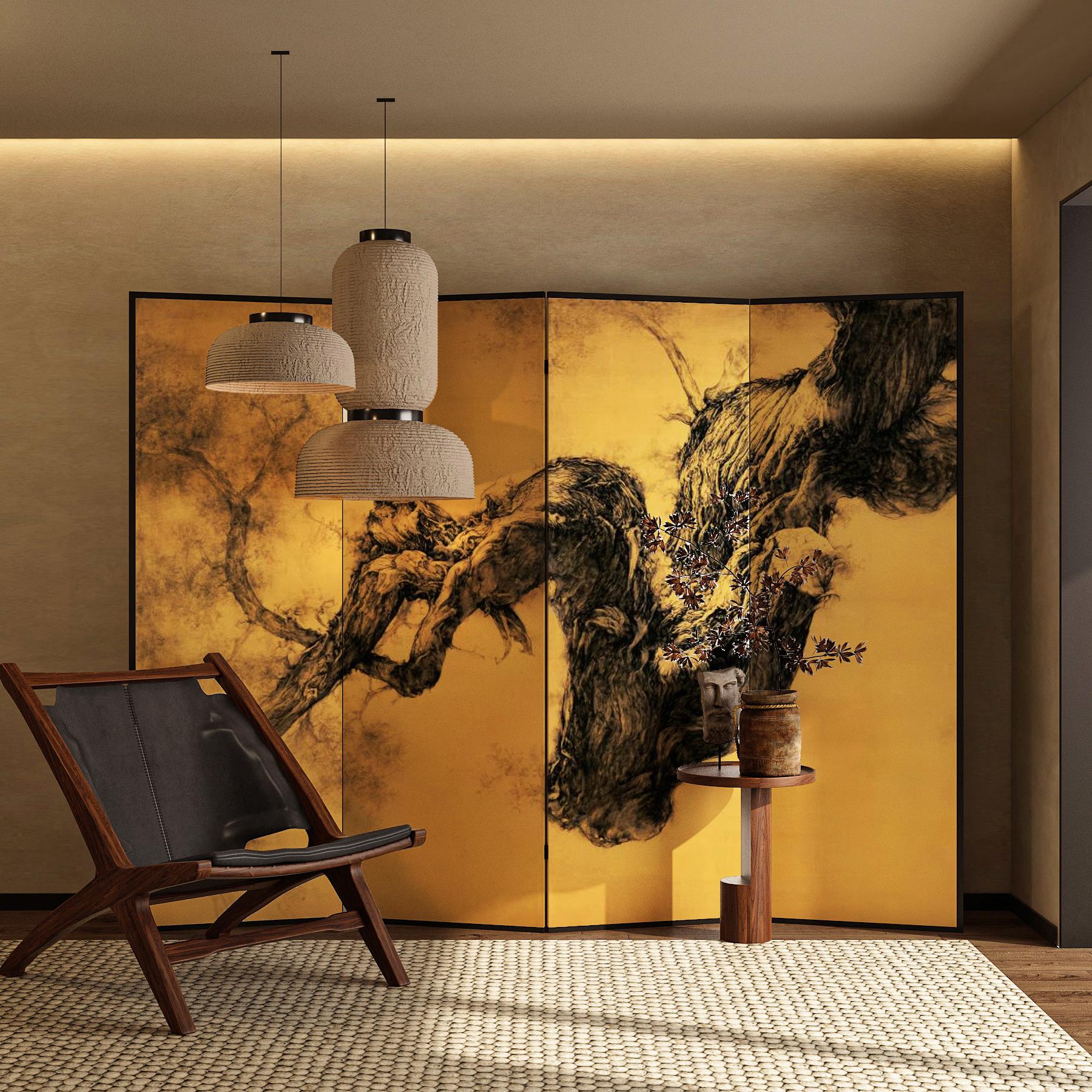 中式复古抽象金箔布艺屏风客厅书房不透遮挡隔断折叠移动推拉折屏