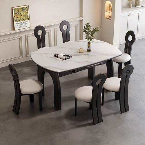 法式实木岩板餐桌高端中古风覆古吃饭桌子家用小户型折叠可变圆桌