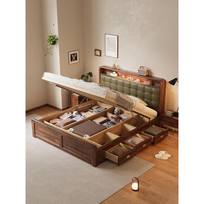 新中国风乌木床现代简约1.8米主卧室小公寓实木双人床气压高箱存