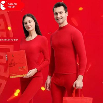 红豆秋衣秋裤套装男女士纯棉本命年中老年人保暖内衣薄款红色全棉