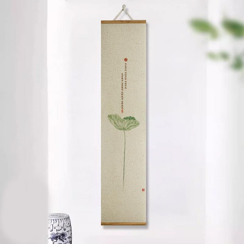 新中式禅意荷花背景墙装饰画卷轴画莲蓬经文花鸟茶室竖长挂轴画