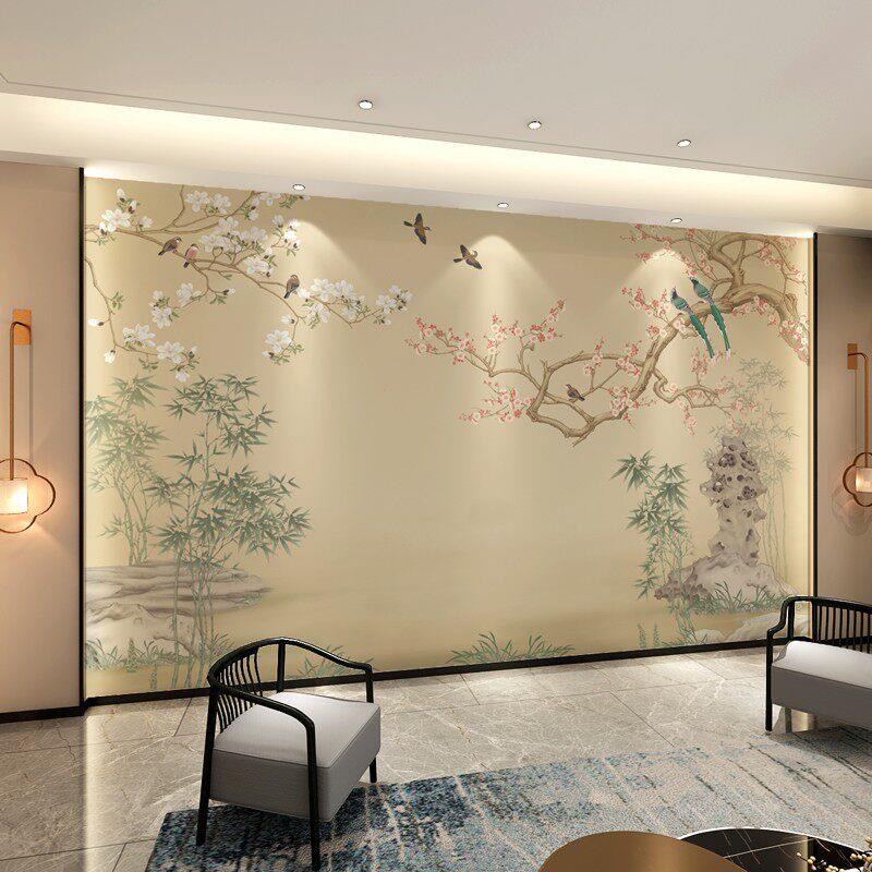 电视背景墙壁画客厅中式沙发玉兰花鸟装饰卧室梅花壁纸自粘3d墙贴