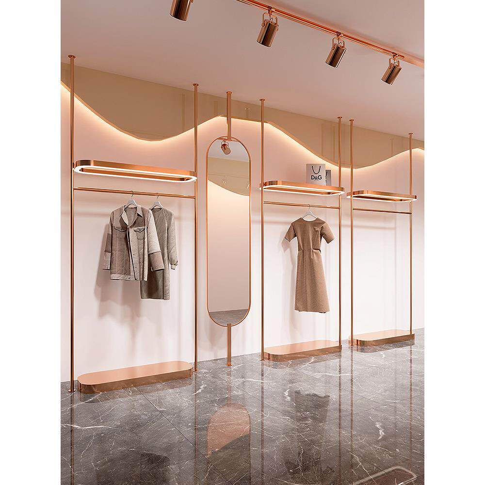服装店展示架不锈钢玫瑰金立柱上墙壁挂女装店挂衣服架子陈列货架