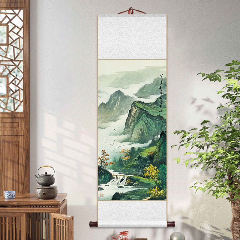 石舟青绿山水卷轴挂画新中式风景装饰国画客厅书房茶室玄关壁画