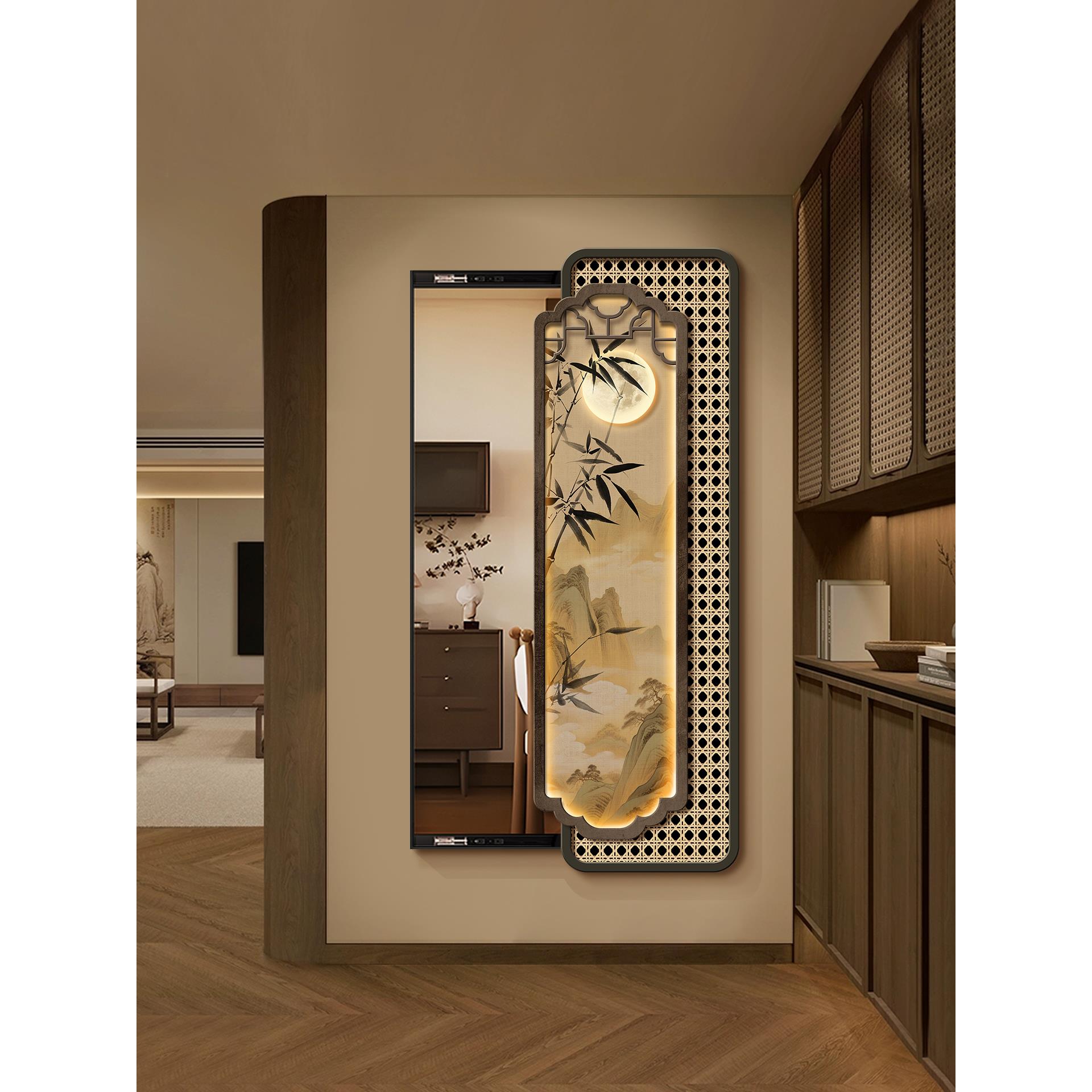 宋代美学推拉全身镜装饰画中式高级感暗藏式穿衣镜家用玄关壁画镜