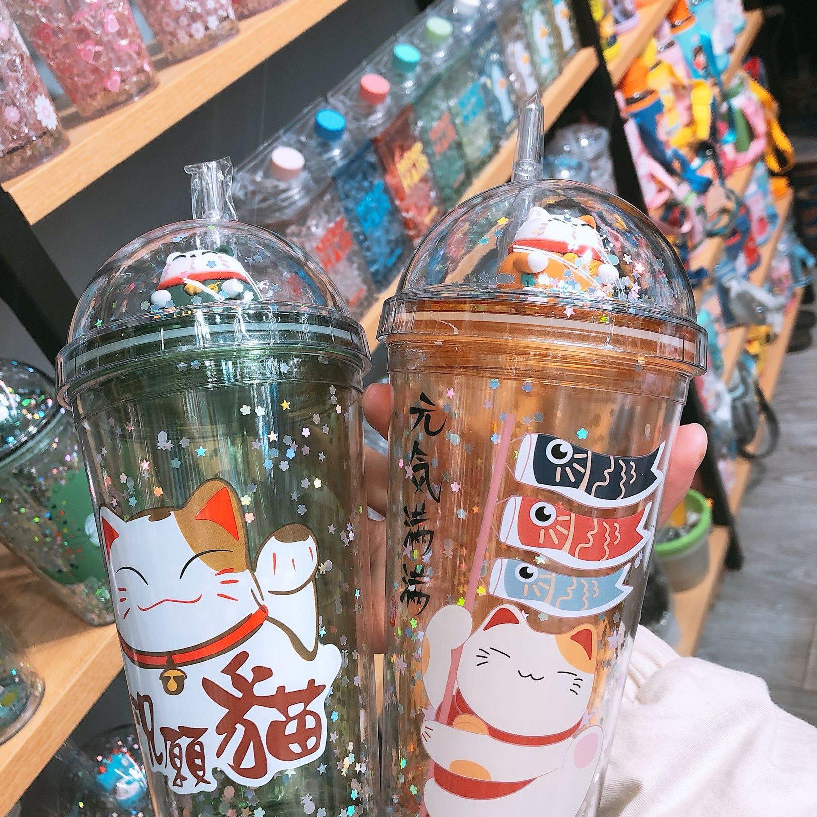 新款招财猫吸管杯可爱闪闪双层塑料杯学生水杯创意卡通水杯随手杯