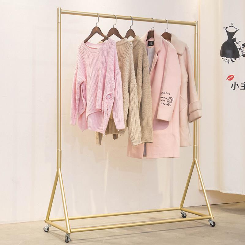 女装店衣服展示架金色挂衣架落地服装店专用童装货架可移动带轮子