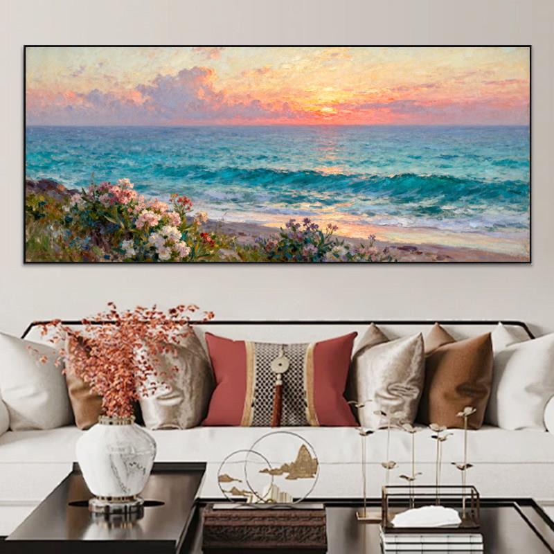 海上日出风景手绘简约法式客厅装饰画办公室复古沙发背景墙挂画
