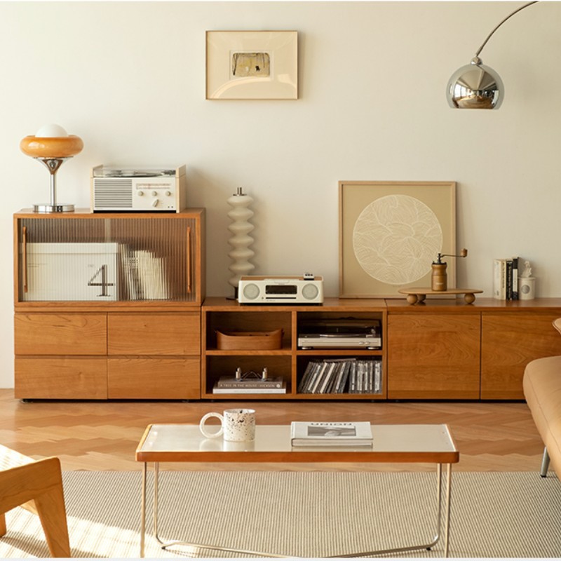 北欧实木模块多功能组合柜简单地台电视柜樱桃木客厅落地柜收纳柜