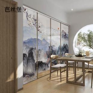 办公室装 卷帘窗帘升降悬挂帘子软隔断屏风客厅新中式 饰山水画遮光
