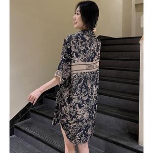 冰丝睡裙女夏季新款黑金水墨画高级感睡衣凉感衬衫裙家居服女套装