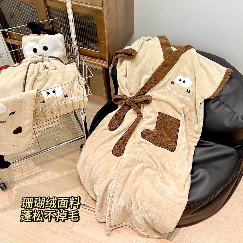 珊瑚绒女款浴袍吸水速干 干可裹可穿式浴巾居家可用中长版一体式