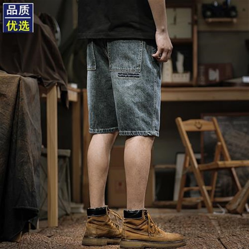 夏季新款水洗做旧直筒牛仔短裤男美式复古刺绣中裤宽松休闲五分裤