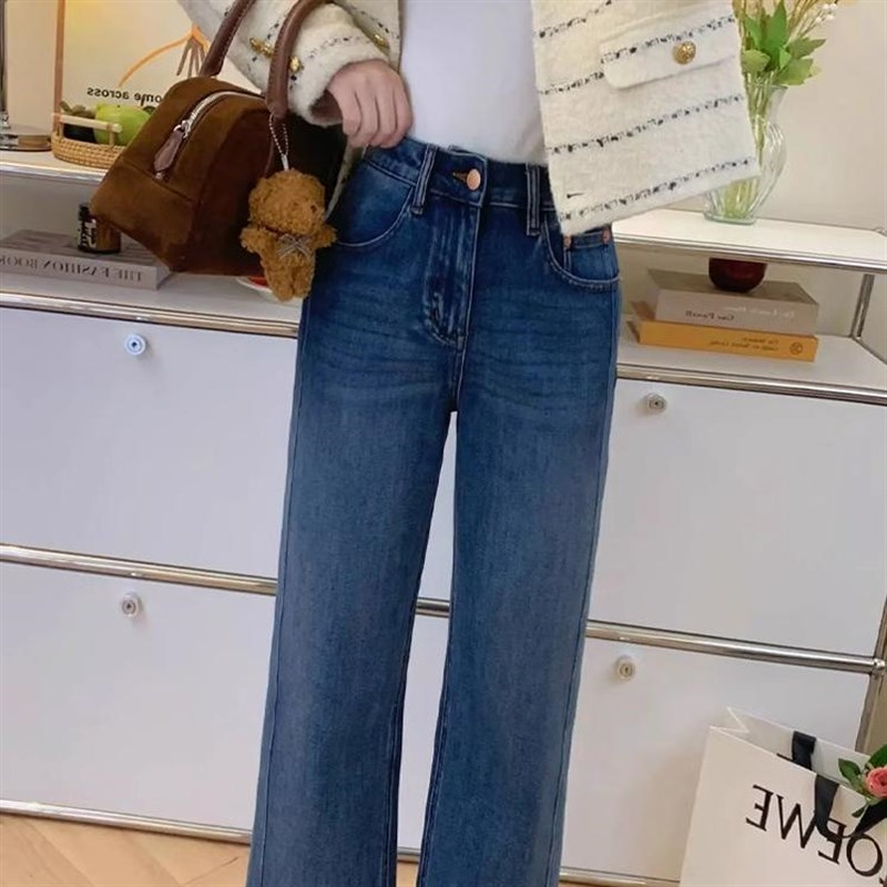 复古窄版直筒牛仔裤女2025春季新款大码胖mm高腰显瘦小个子烟管裤