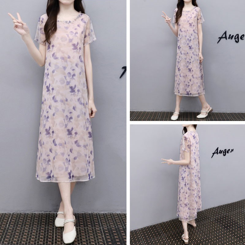 2024夏季新款粉色水墨画印花过膝长裙宽松雪纺网纱显瘦减龄连衣裙