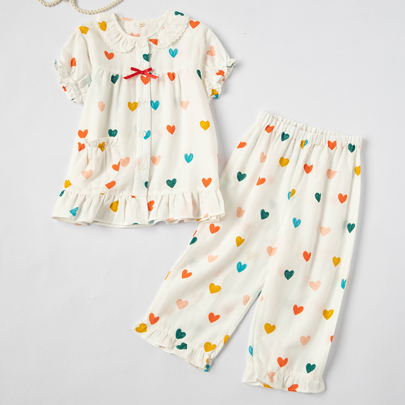 夏季薄款可爱儿童女童纯棉纱布睡衣女孩短袖七分裤套装全棉家居服
