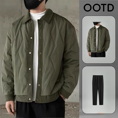 菱形棉衣男士套装冬季2025新款翻领夹棉外套潮流高级感夹克薄棉服