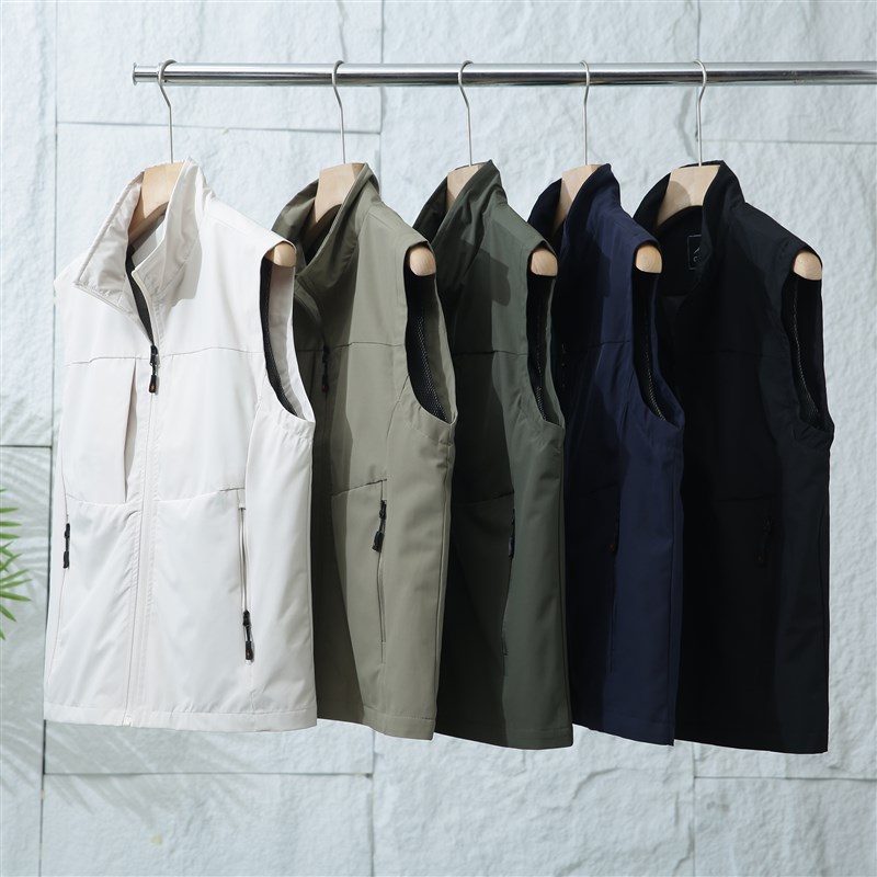 宽松大码防泼水工装多口袋背心坎肩男春秋款立领户外徒步马甲外套