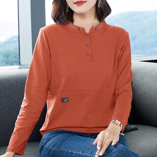 纯棉长袖 t恤女秋装 新款 宽t松春秋洋气秋衣中年妈妈休闲上衣打底衫
