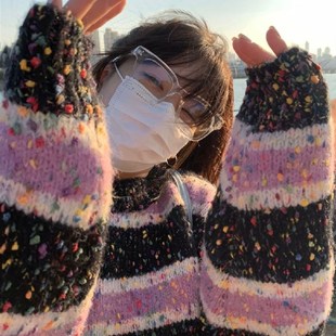 上衣潮 加厚版 慵懒风i彩点撞色条纹毛衣女秋冬新款 宽松长袖 针织衫