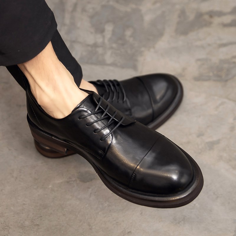 高端皮鞋男2025新款英伦复古手工真皮三接头厚底商务正装休闲皮鞋