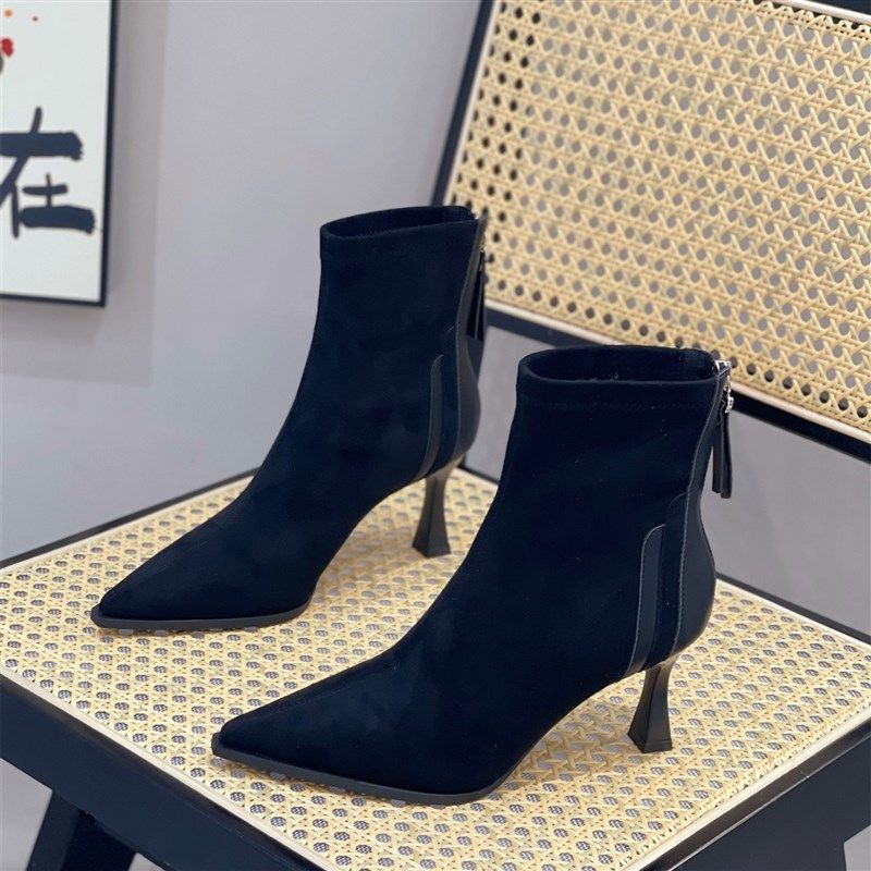 复古气质尖头短靴女2024秋冬新款小个子细跟7cm弹力靴高跟瘦瘦靴,女鞋,时装靴,淘宝优惠券,粉丝福利购,淘宝优惠卷