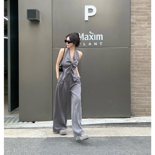 上衣 套装 女无袖 阔腿裤 暮色心机 徐媛媛服饰 辣妹v褶皱挂脖时尚