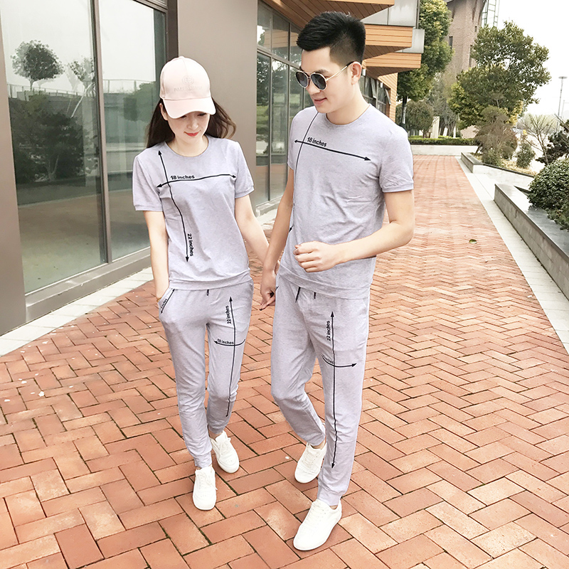 情侣薄款休闲运动套装2021夏季新款短袖圆领T恤男女修身两件套潮