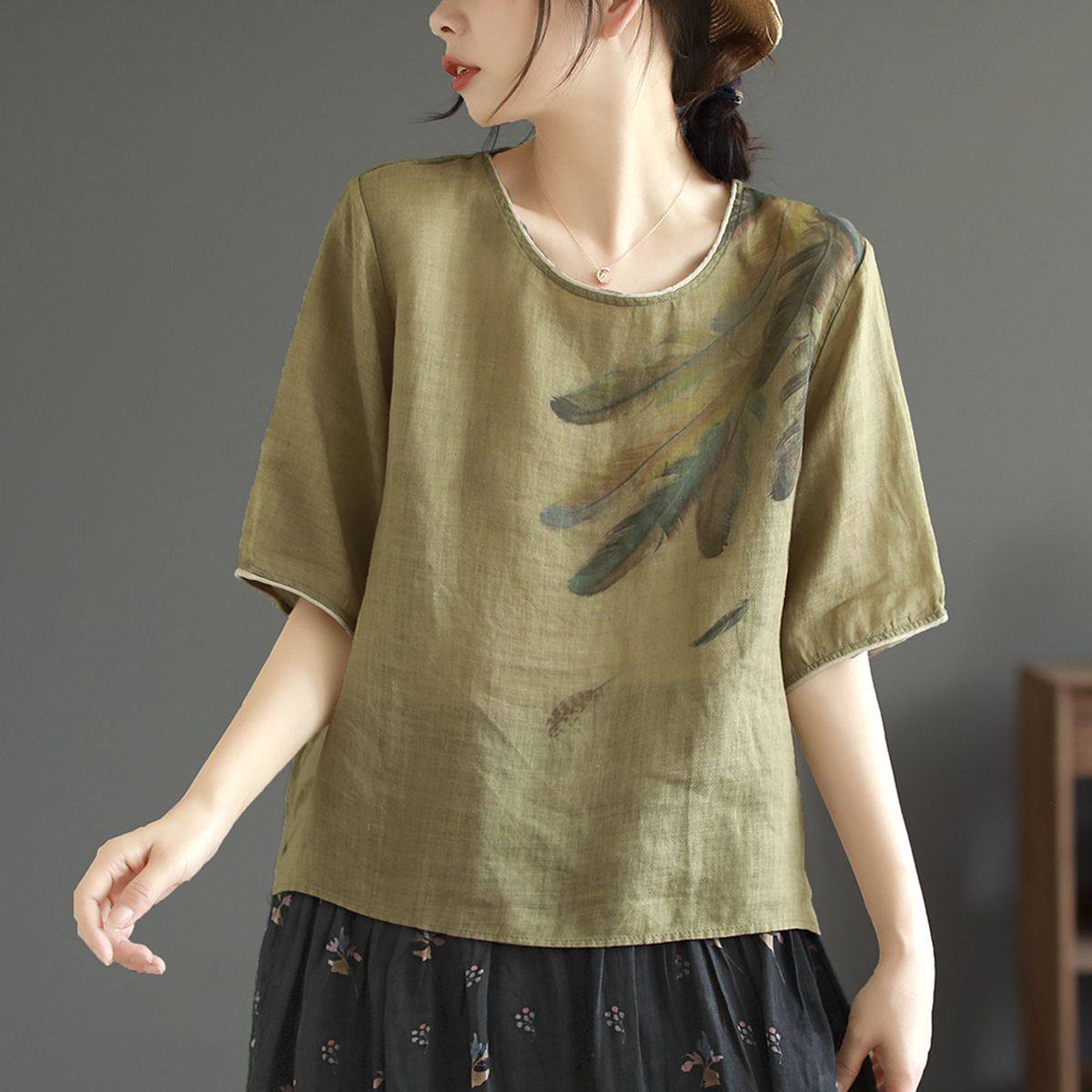 棉麻T恤上衣女2024夏季新款宽C松圆领透气薄款印花文艺复古短袖女,服饰配件/皮带/帽子/围巾,二件套,淘宝优惠券,粉丝福利购,淘宝优惠卷